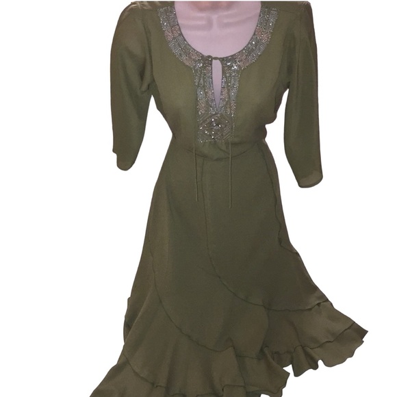 JUDITH HART Fit & Flare midi Skirt & Top Sequins Olive Coral Layered Bohemian - Picture 3 of 13